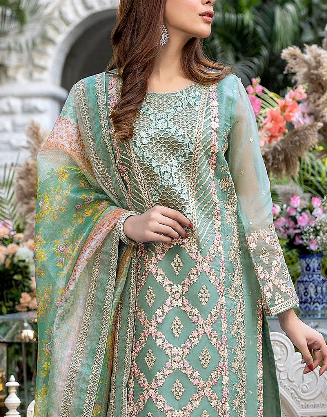 Heavy Embroidered Organza Wedding Dress with Cotton Net Dupatta