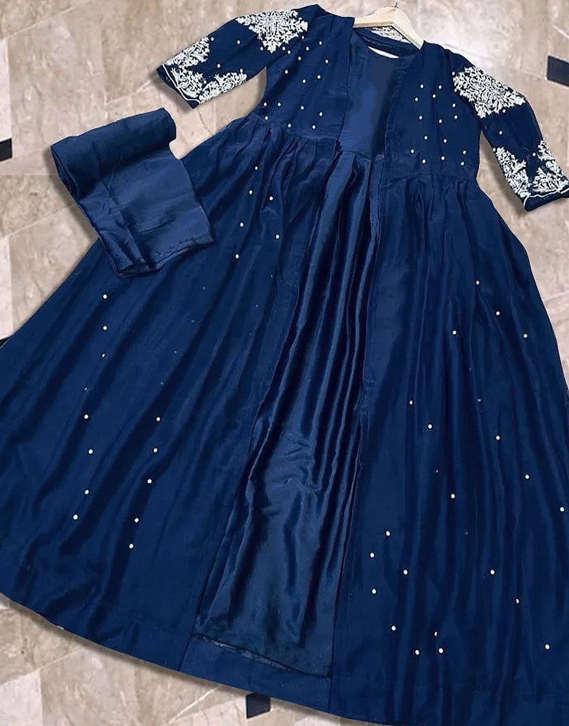 Readymade 3-Piece Silk Maxi with Embroidered Chiffon Gown - Out of Stock