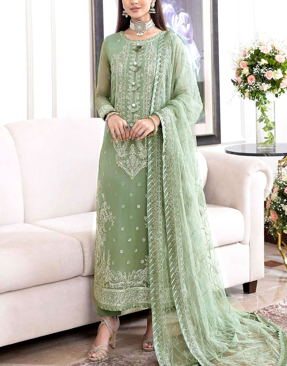 Heavy Embroidered Chiffon Party Dress with Embroidered Net Dupatta