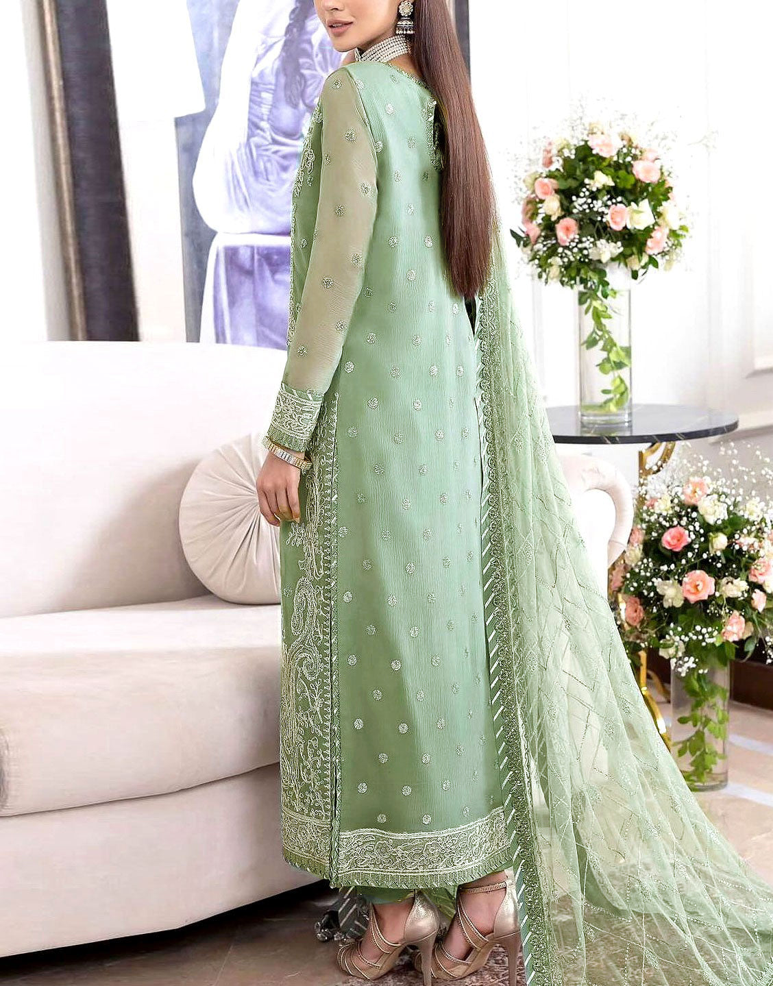 Heavy Embroidered Chiffon Party Dress with Embroidered Net Dupatta - Out of Stock