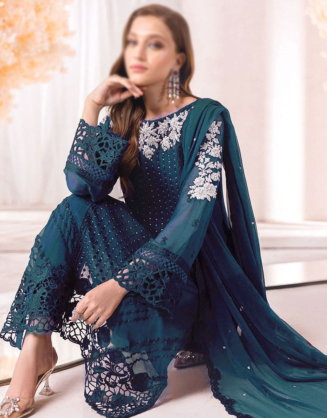 Trendy Embroidered Chiffon Party Wear Dress with Inner - Out of Stock