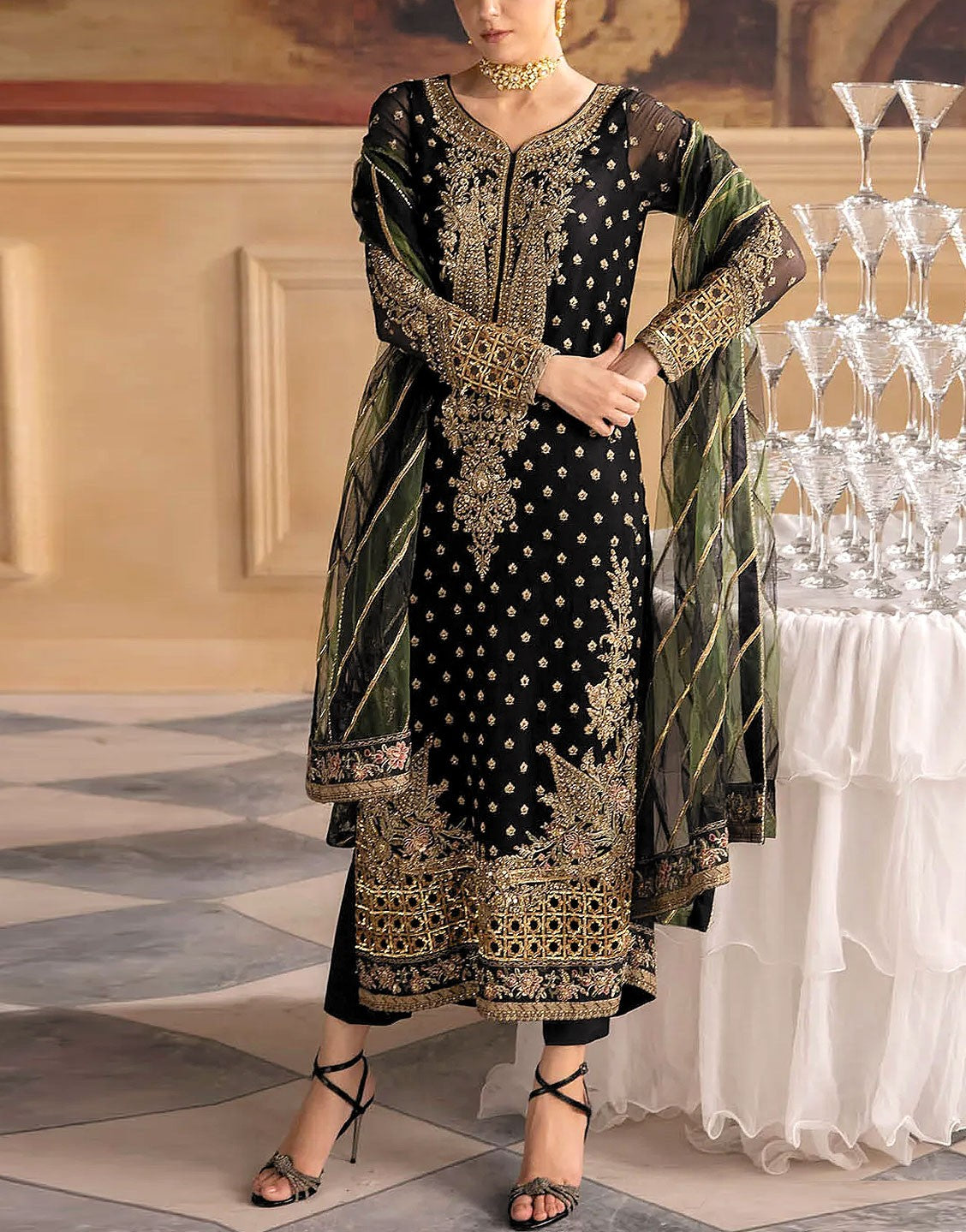 Heavy Embroidered Black Chiffon Party Dress with Emb. Organza Dupatta