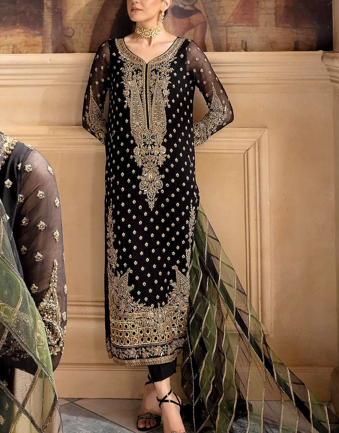 Heavy Embroidered Black Chiffon Party Dress with Emb. Organza Dupatta