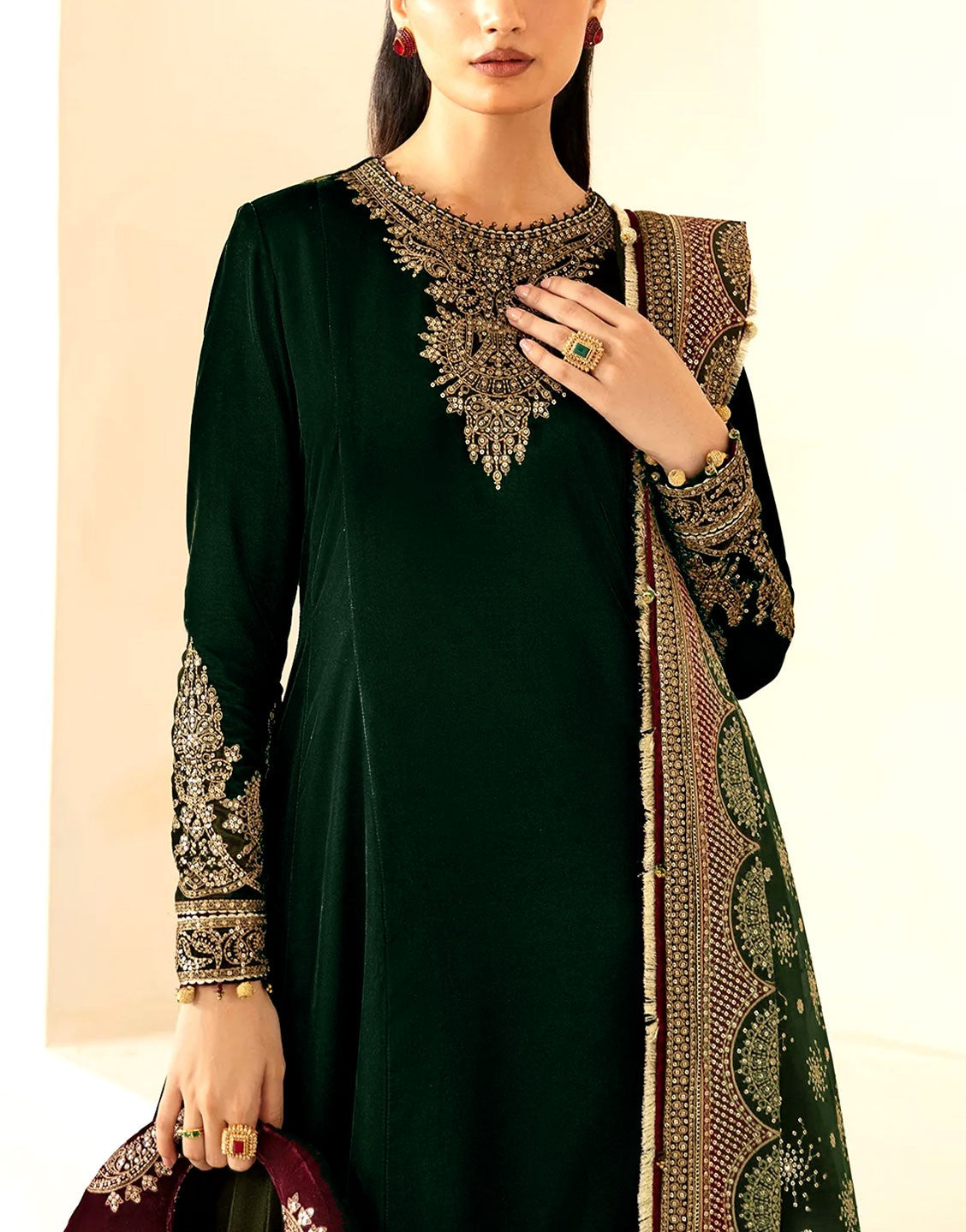 Formal Embroidered Velvet Party Wear Dress with Emb. Silk Trouser