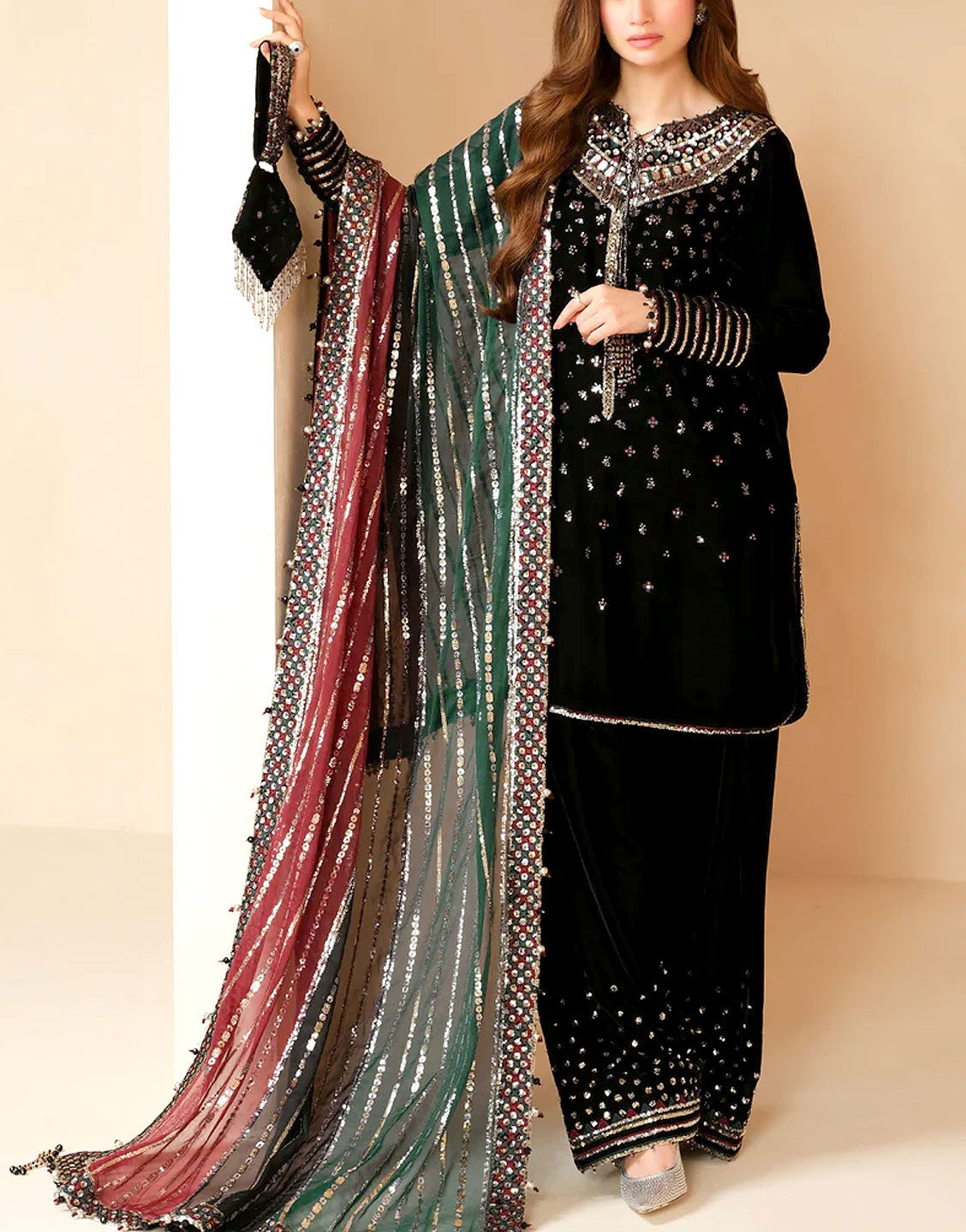 Fancy Embroidered Black Velvet Dress with Emb. Silk Trouser