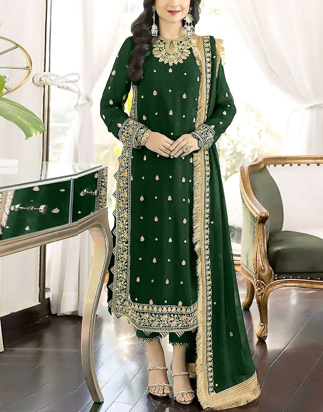 Fancy Embroidered Chiffon Party Wear Dress  with Silk Trouser