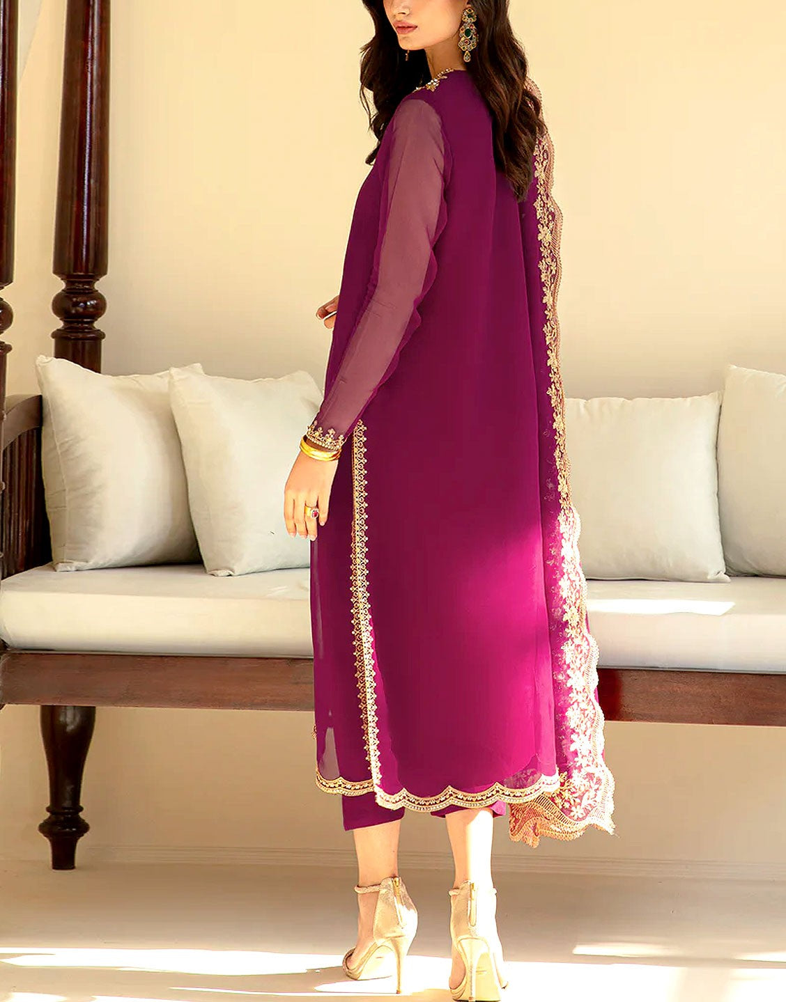 Elegant Embroidered with Handwork Chiffon Party Wear Dress with Inner