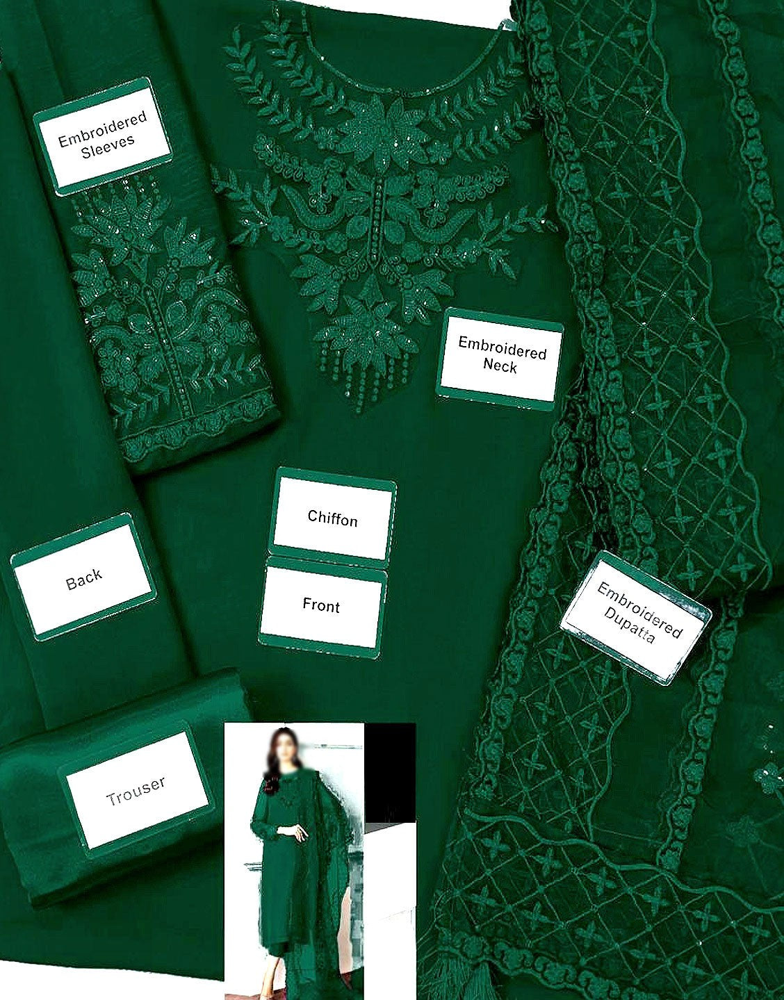 Fancy Embroidered Chiffon Party Wear Dress with Silk Trouser