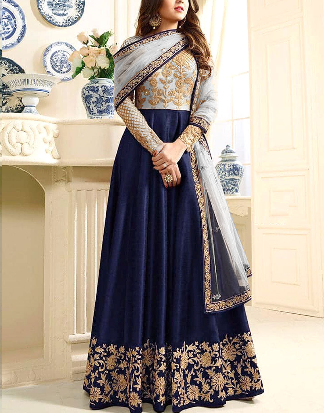 Indian Embroidered BLUE Chiffon Maxi Dress