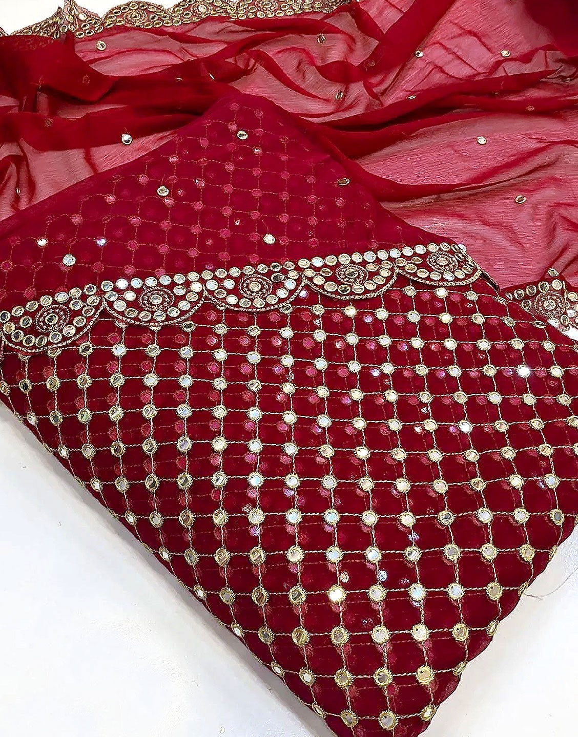 Hiba Bukhari Design: 3-Piece 9mm Chiffon Dress with Cutwork Dupatta - Maroon