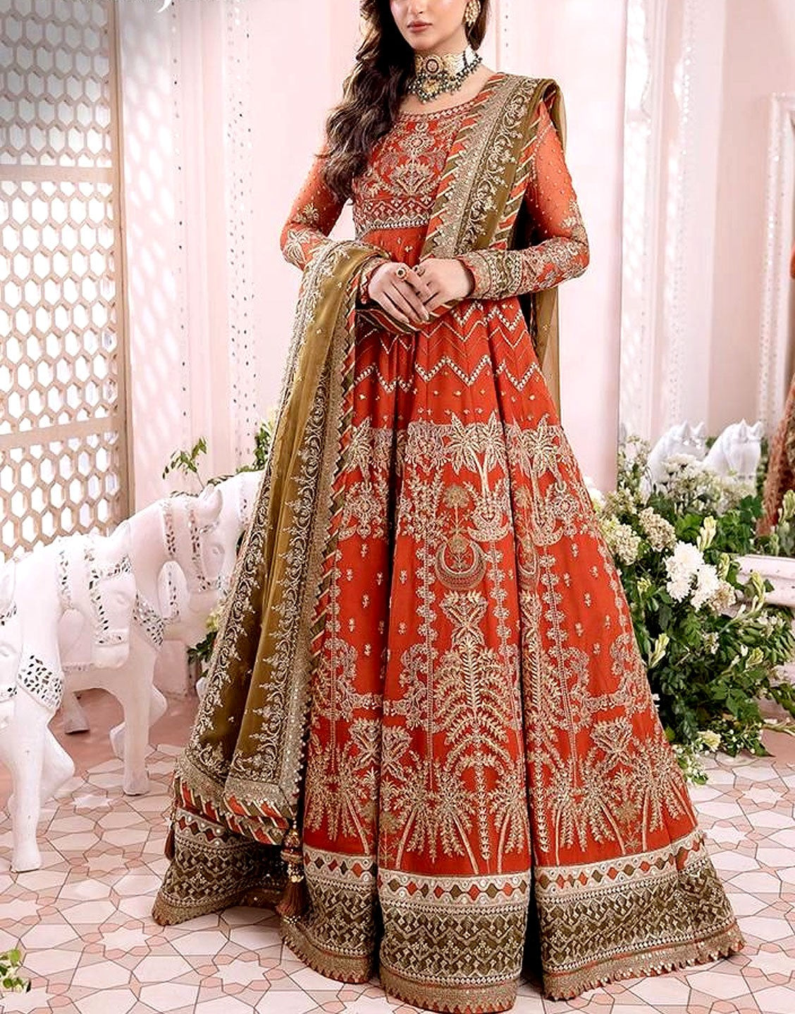Luxury Handwork Heavy Embroidered Chiffon Bridal Maxi Dress 