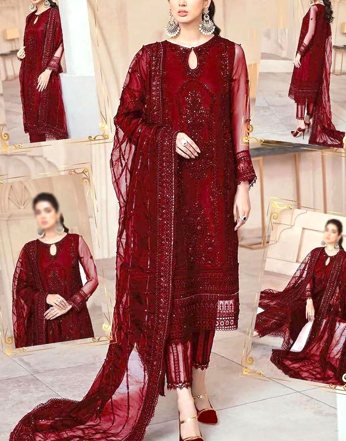 Luxurious Embroidered with Handwork Red NET Wedding Dress 