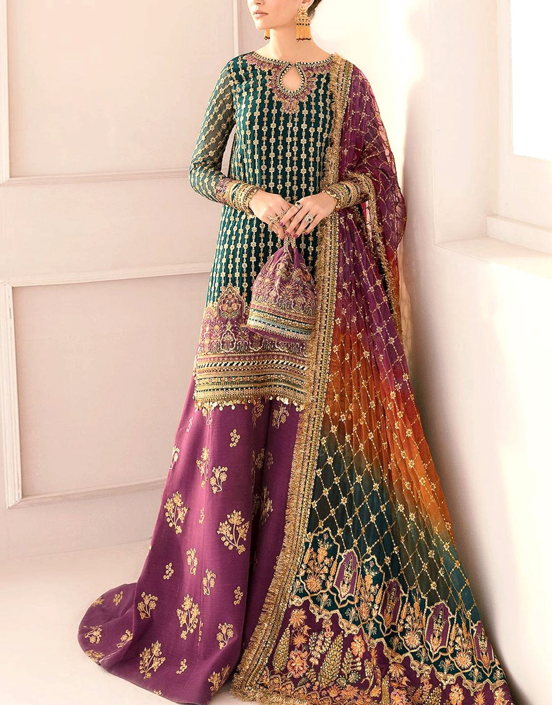 Luxury Embroidered with Heavy Handwork Organza Bridal Wear Dress 