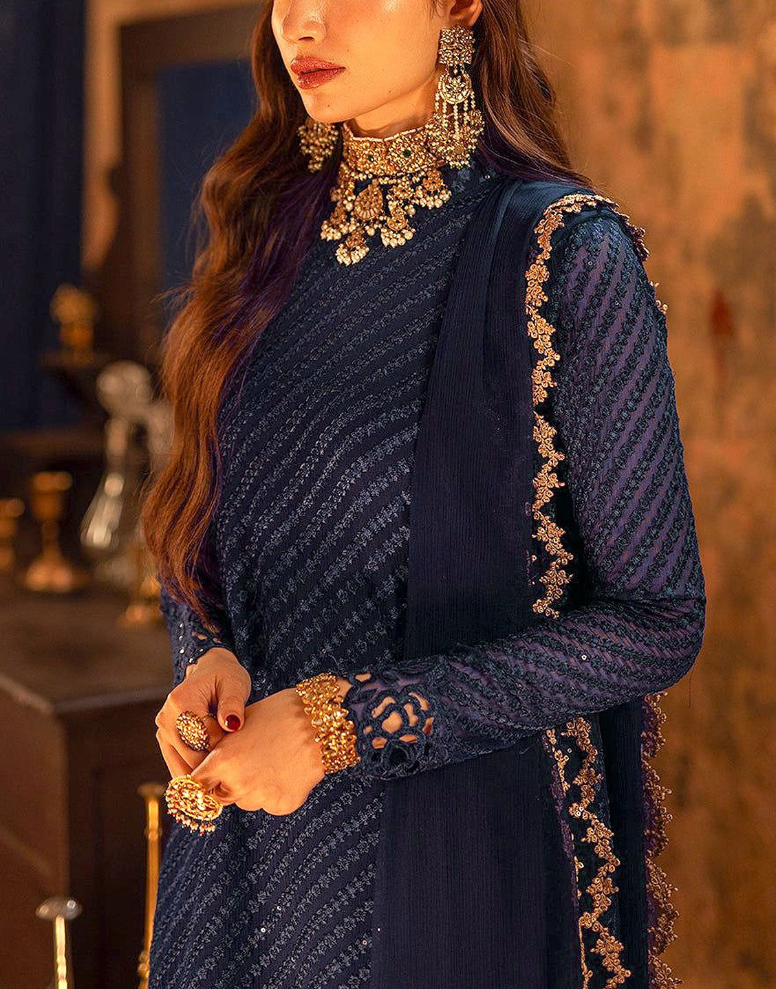 Fancy Heavy Embroidered Navy Blue Chiffon Wedding Dress