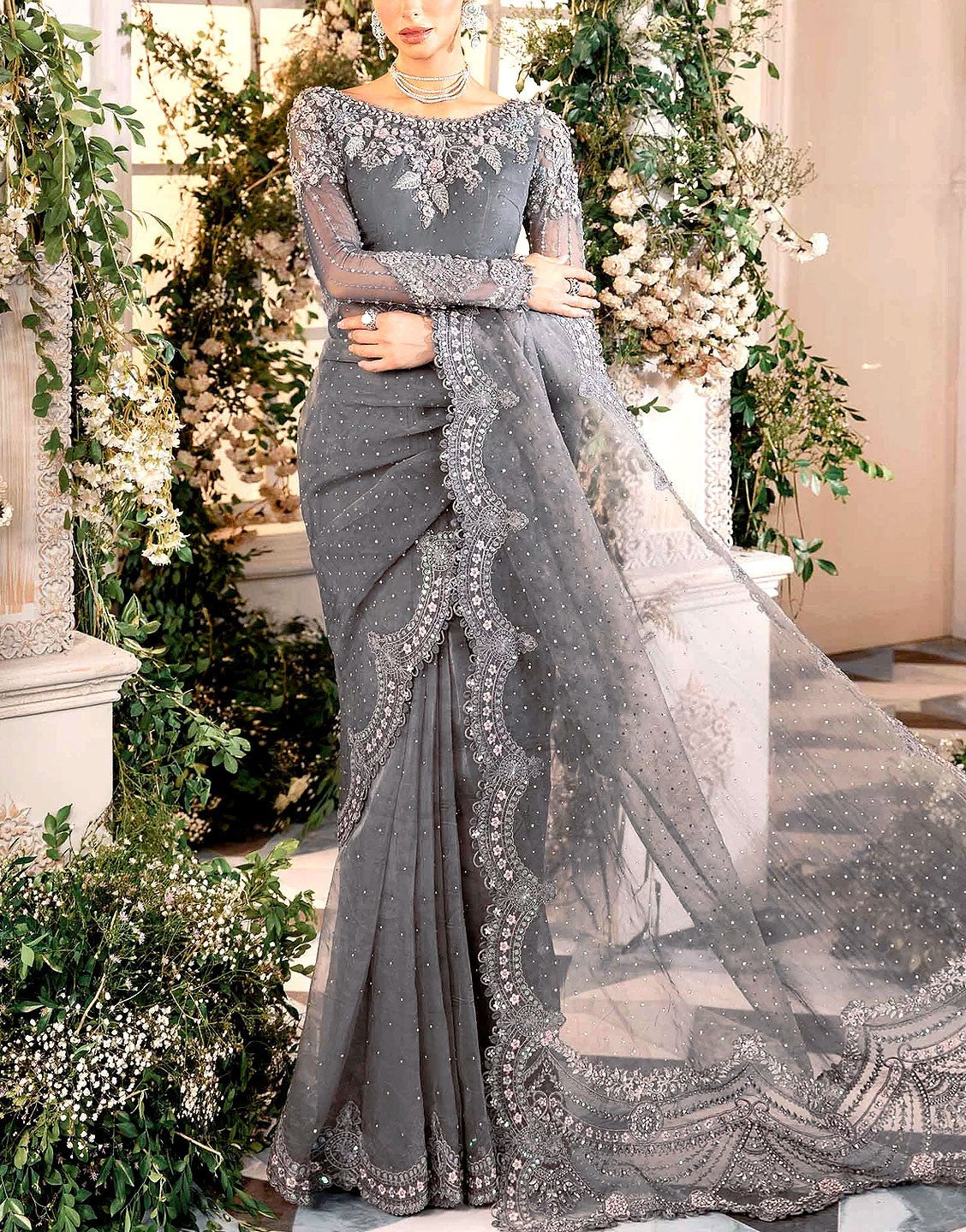 Luxury 3D Handwork Heavy Embroidered NET Bridal Saree 