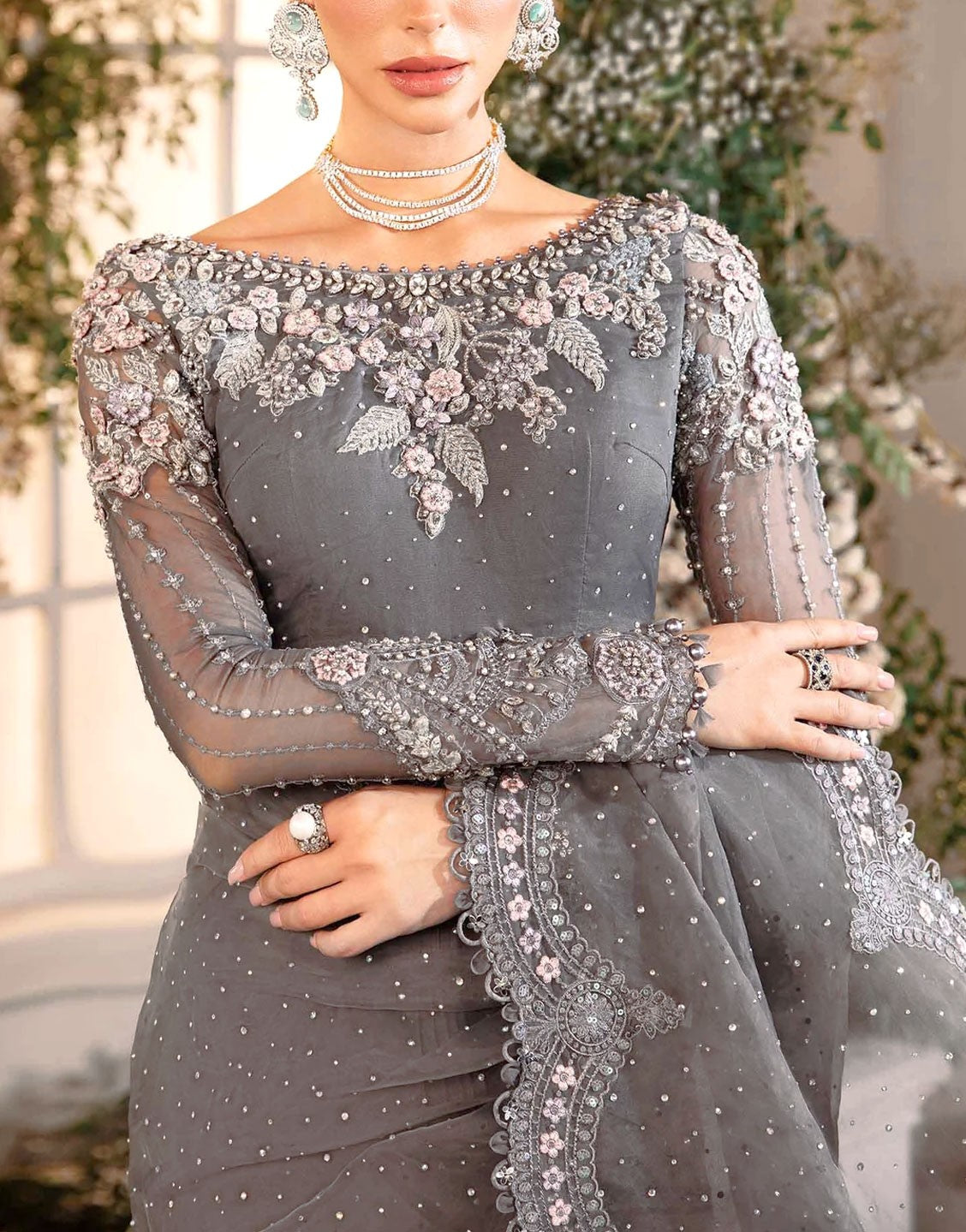 Luxury 3D Handwork Heavy Embroidered NET Bridal Saree