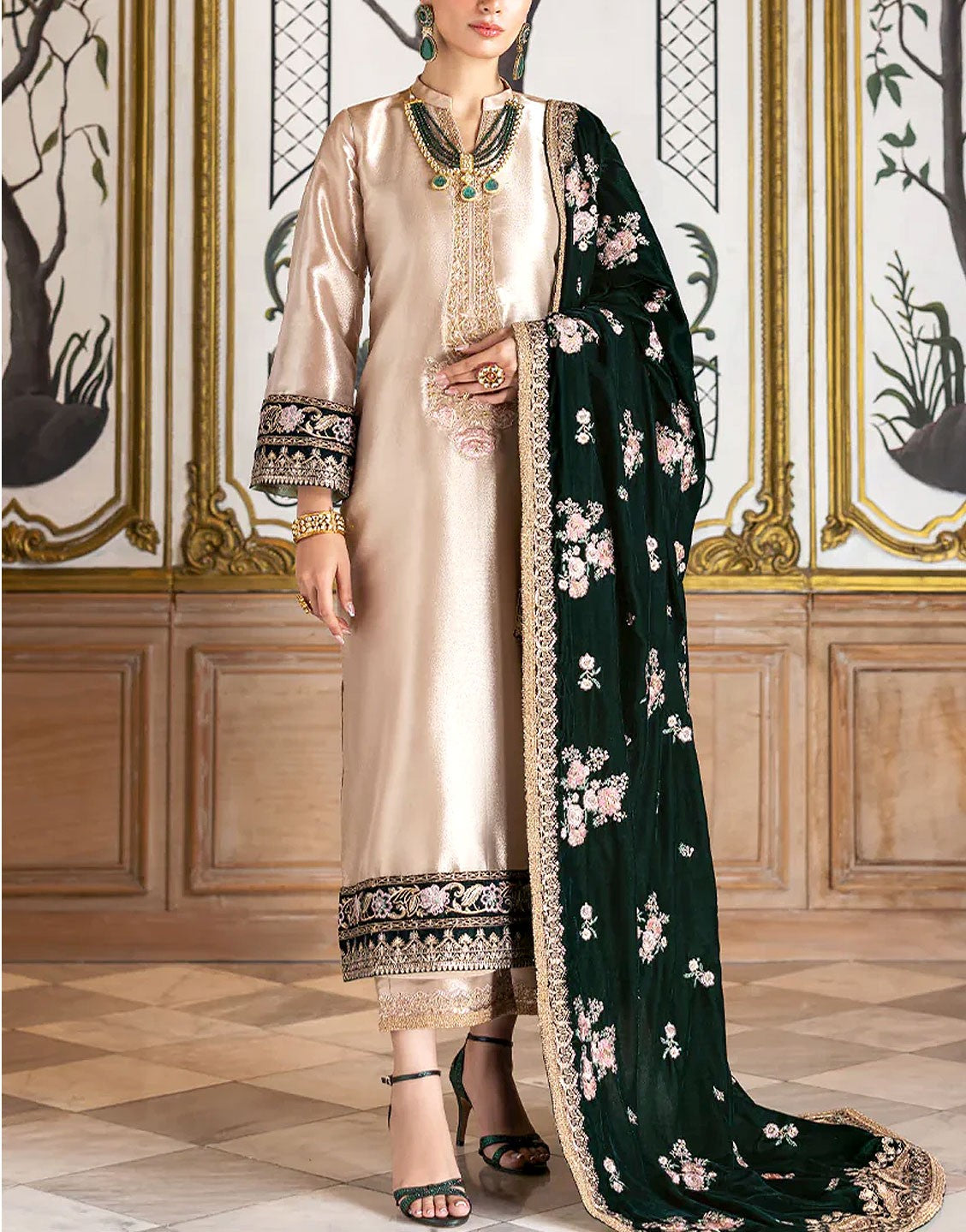 Heavy Embroidered Masoori Bridal Suit  with Luxury Velvet Shawl
