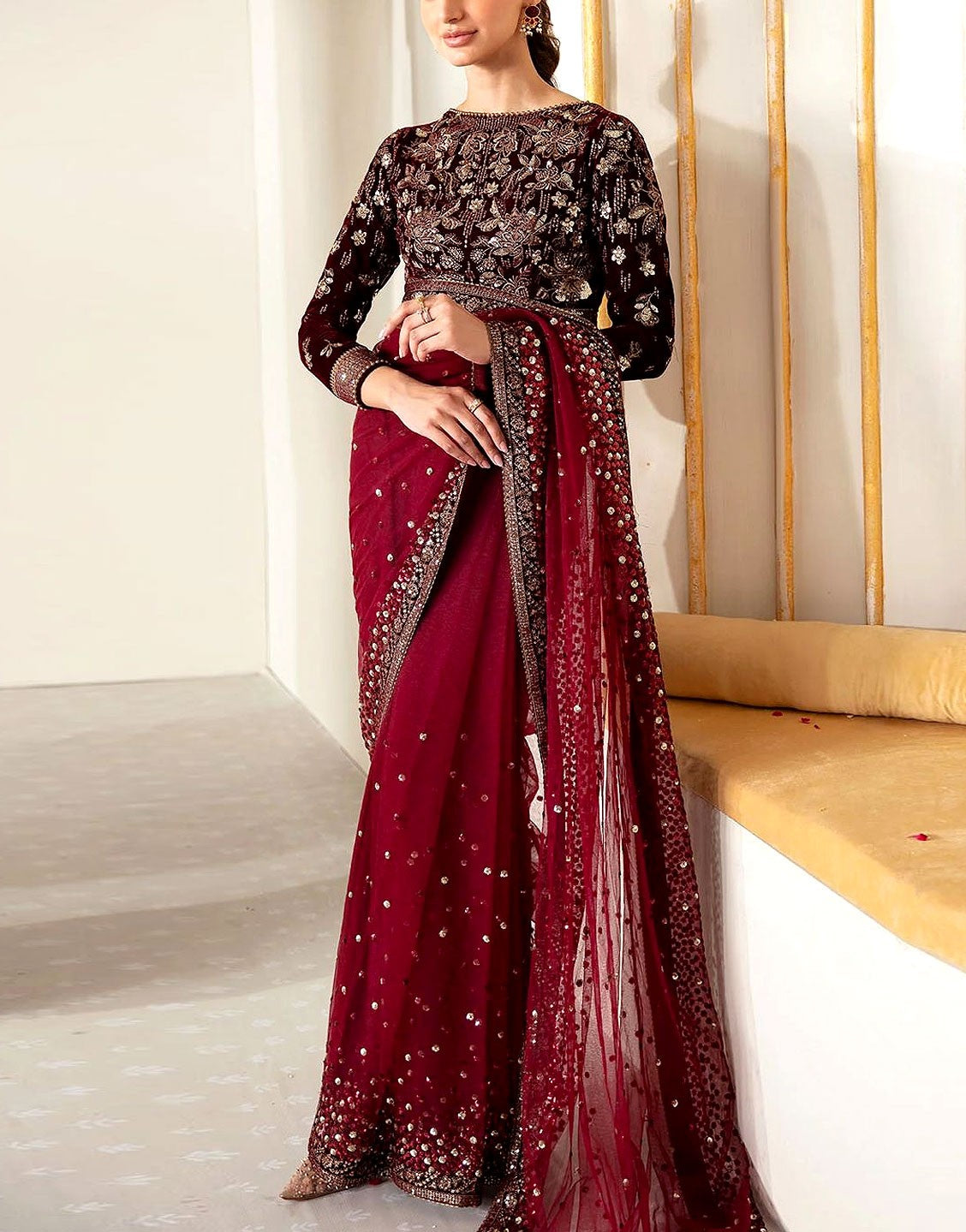 Luxury Heavy Embroidered Velvet + NET Bridal Saree 