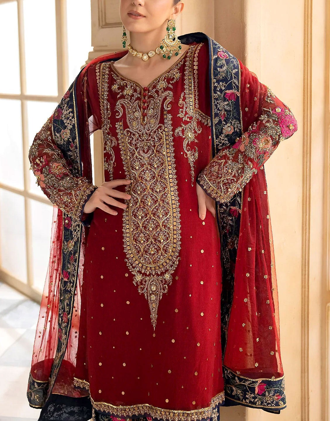 Heavy Embroidered with Handwork Red Chiffon Wedding Dress with Embroidered Silk Trouser