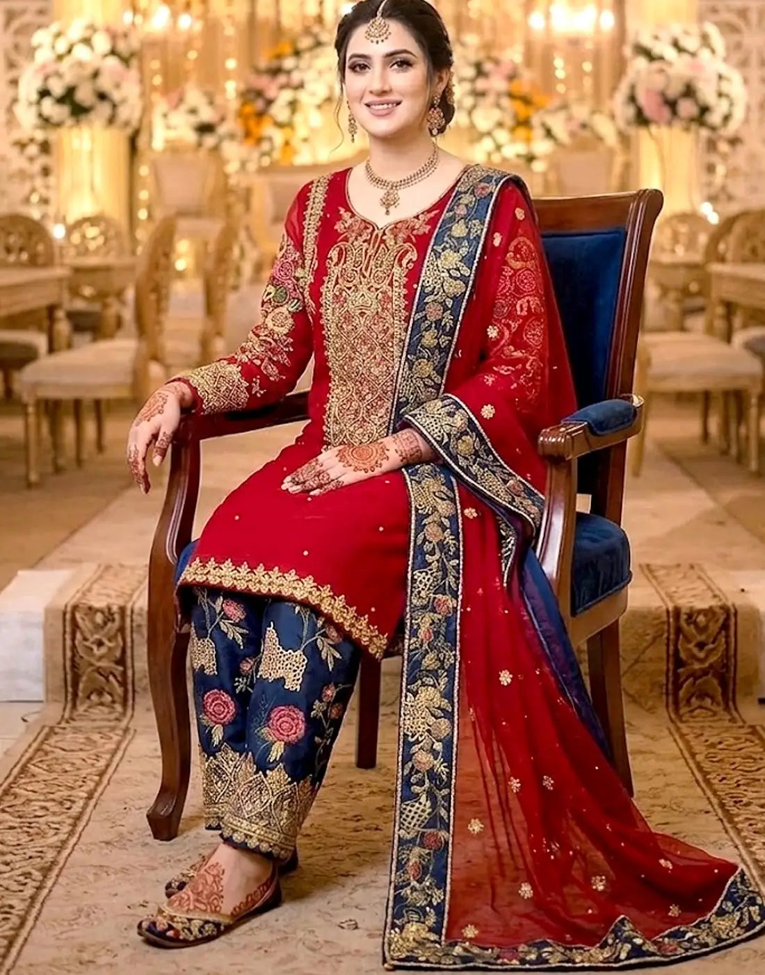 Heavy Embroidered with Handwork Red Chiffon Wedding Dress with Embroidered Silk Trouser
