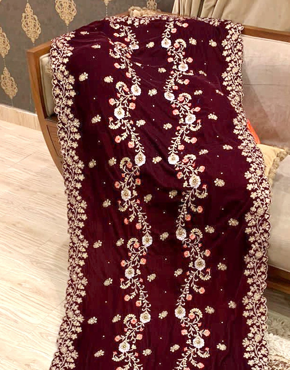 Premium Quality Heavy Embroidered Bridal Velvet Shawl - Maroon