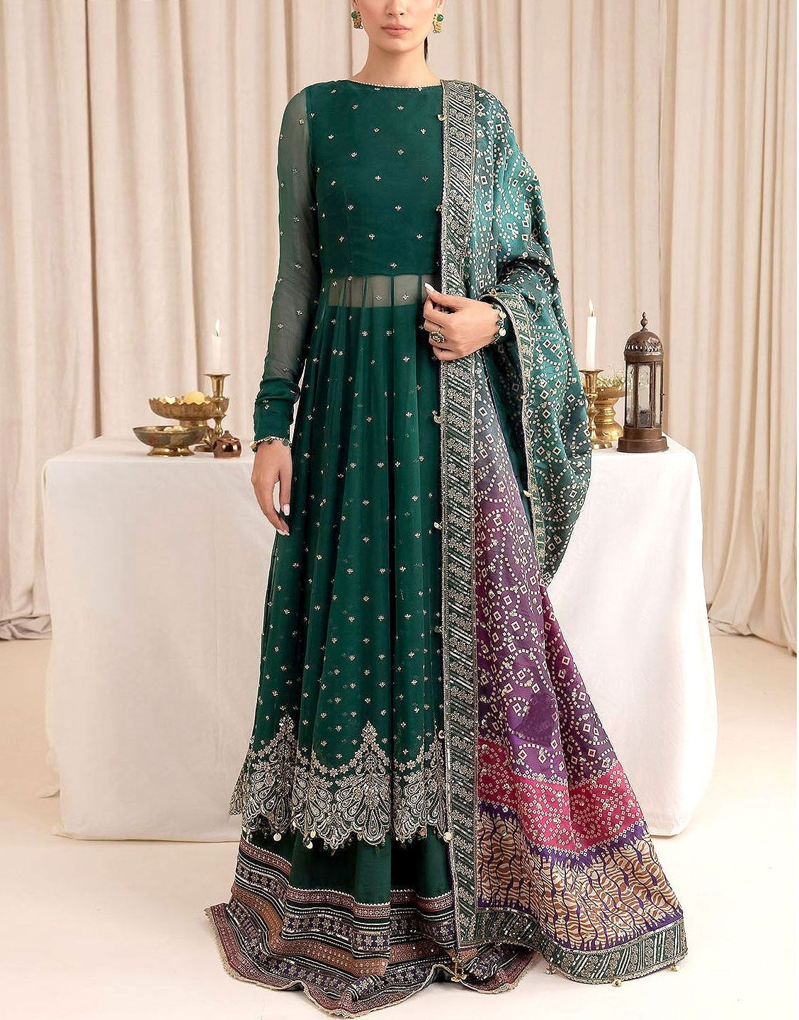 Luxurious Handwork Embroidered Chiffon Bridal Dress with Emb. Silk Trouser