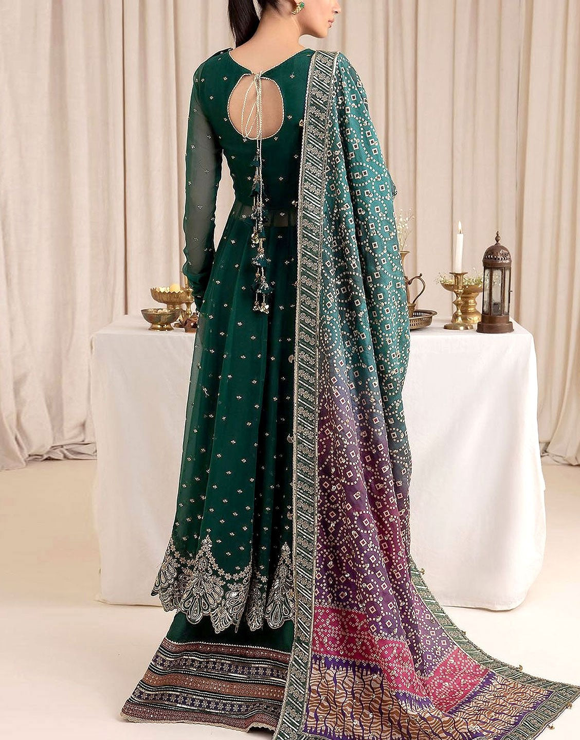Luxurious Handwork Embroidered Chiffon Bridal Dress with Emb. Silk Trouser