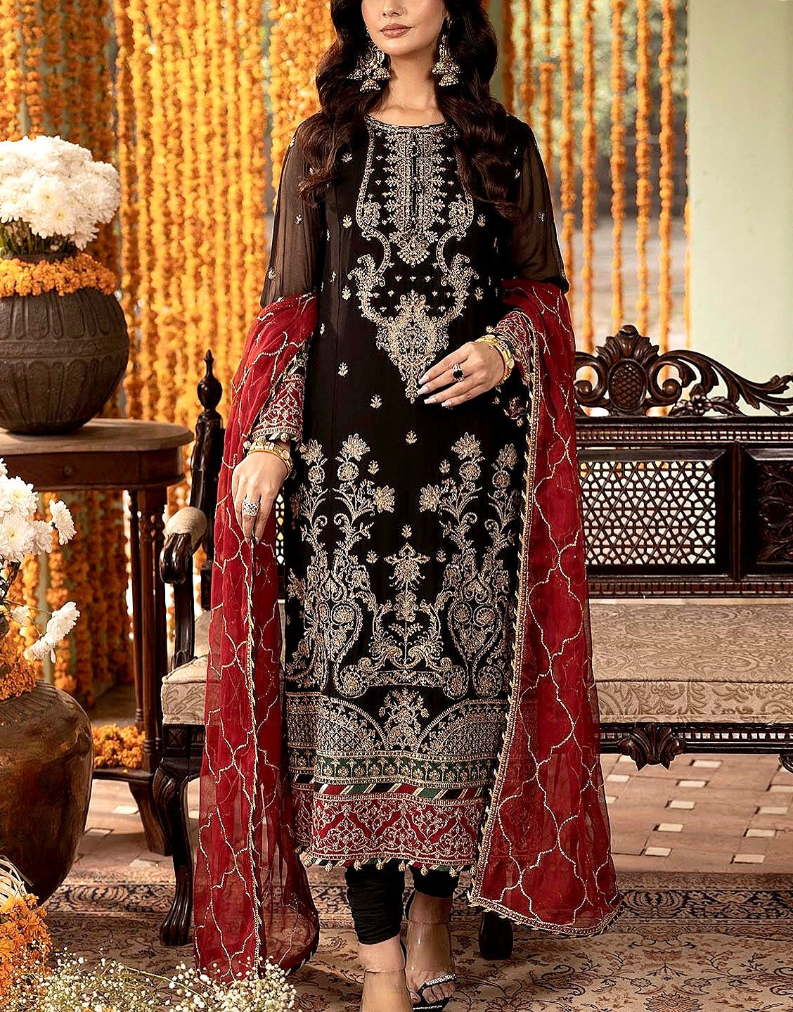 Elegant Heavy Embroidered Black Chiffon Party Wear Dress 
