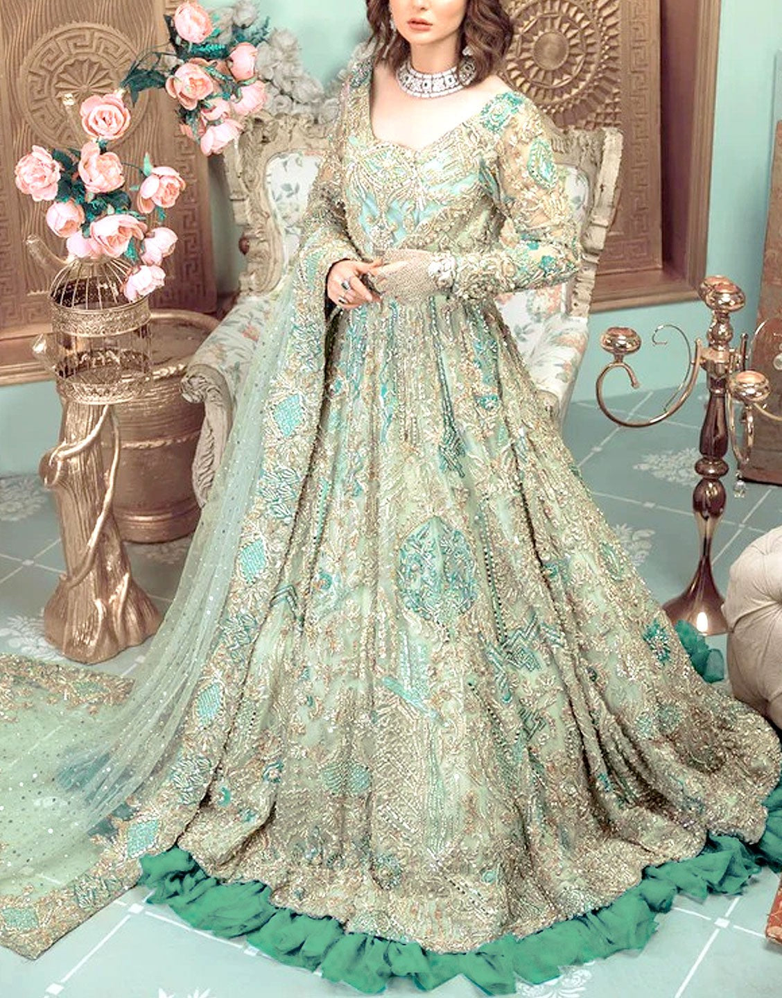 Luxurious Heavy Embroidered with Handwork Bridal NET Maxi Dress 