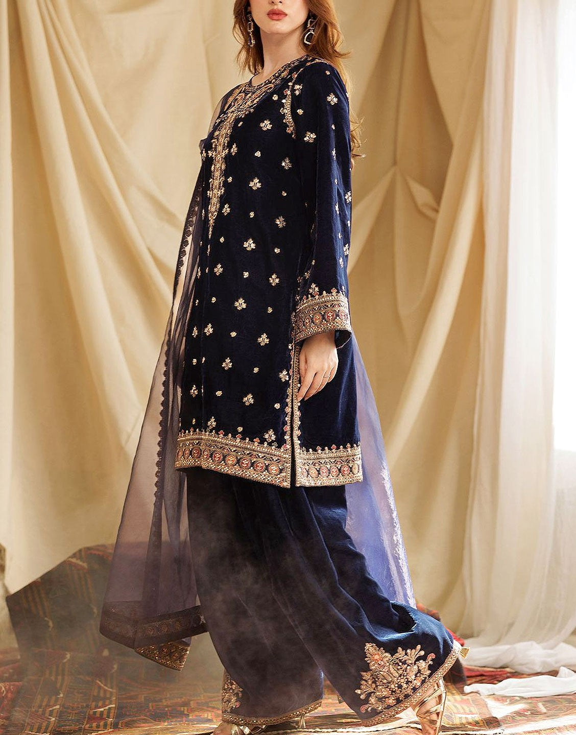 Luxury Heavy Embroidered Velvet Dress with Chiffon Dupatta - Out of Stock