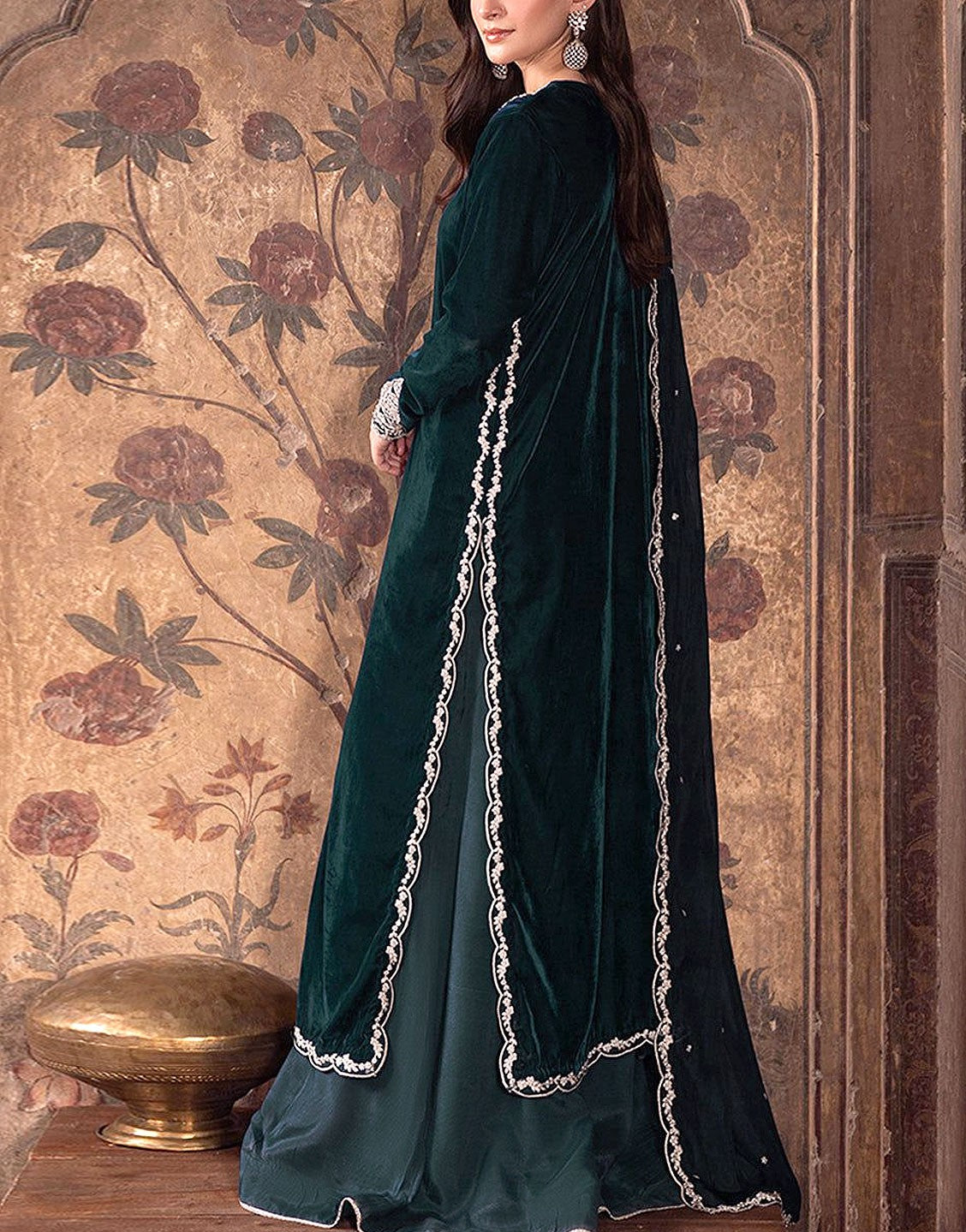 Decent Embroidered Velvet Party Wear Dress with Chiffon Dupatta