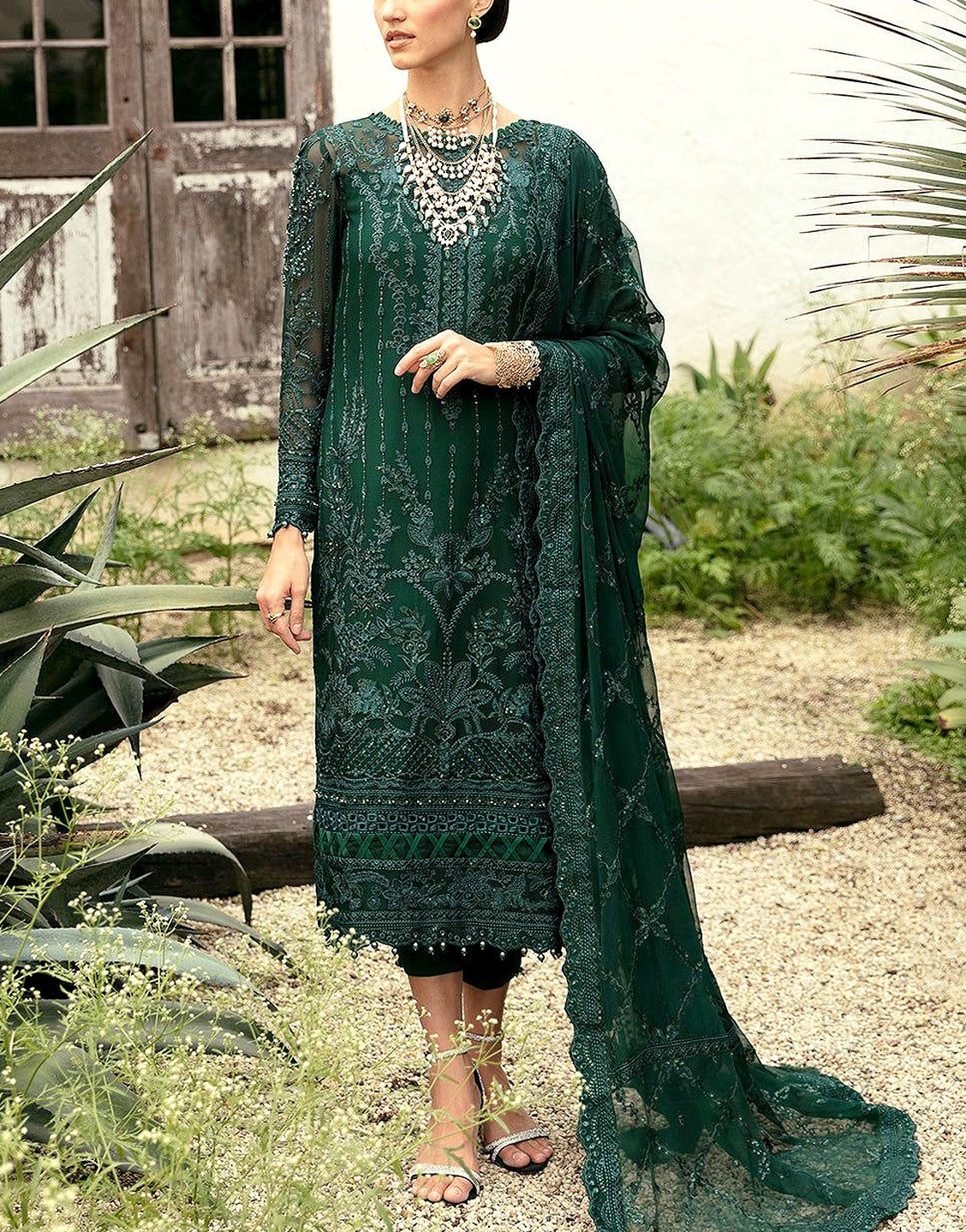 Formal Heavy Embroidered Chiffon Party Wear Suit with Silk Trouser