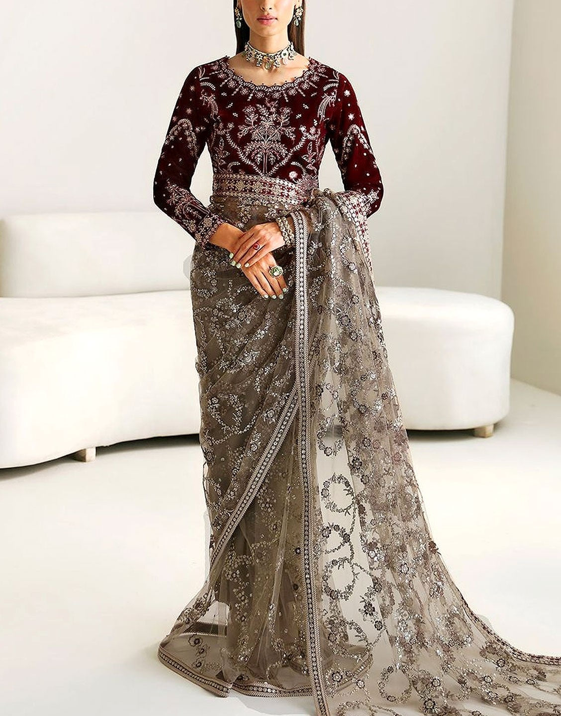 Luxury Heavy Embroidered Velvet + NET Bridal Wear Saree 