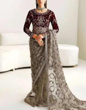 Luxury Heavy Embroidered Velvet + NET Bridal Wear Saree 