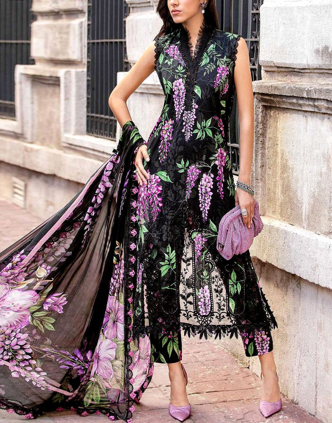 All-Over Print Schiffli Embroidered Lawn Dress  with Chiffon Dupatta