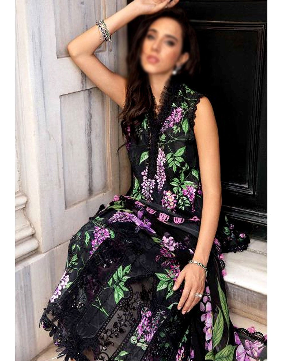 All-Over Print Schiffli Embroidered Lawn Dress with Chiffon Dupatta - Out of Stock