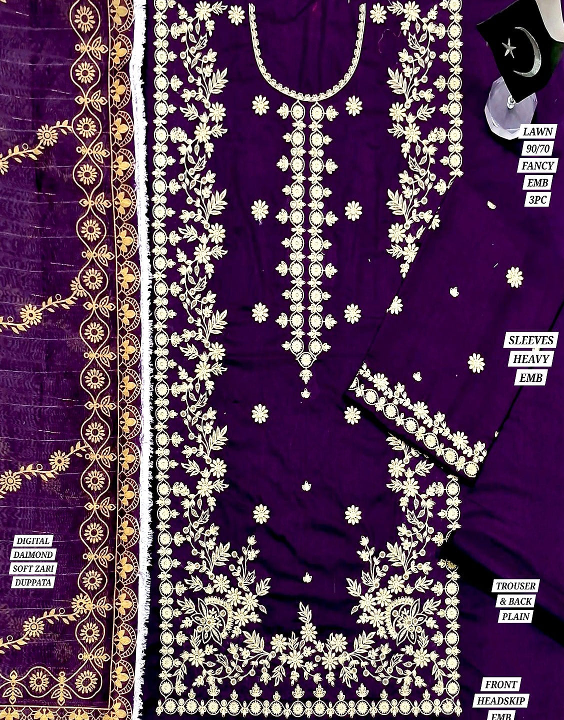Elegant Embroidered Lawn Suit with Digital Print Diamond Zari Dupatta
