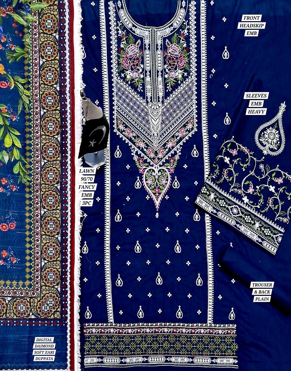 Embroidered Lawn Dress with Digital Print Diamond Zari Dupatta