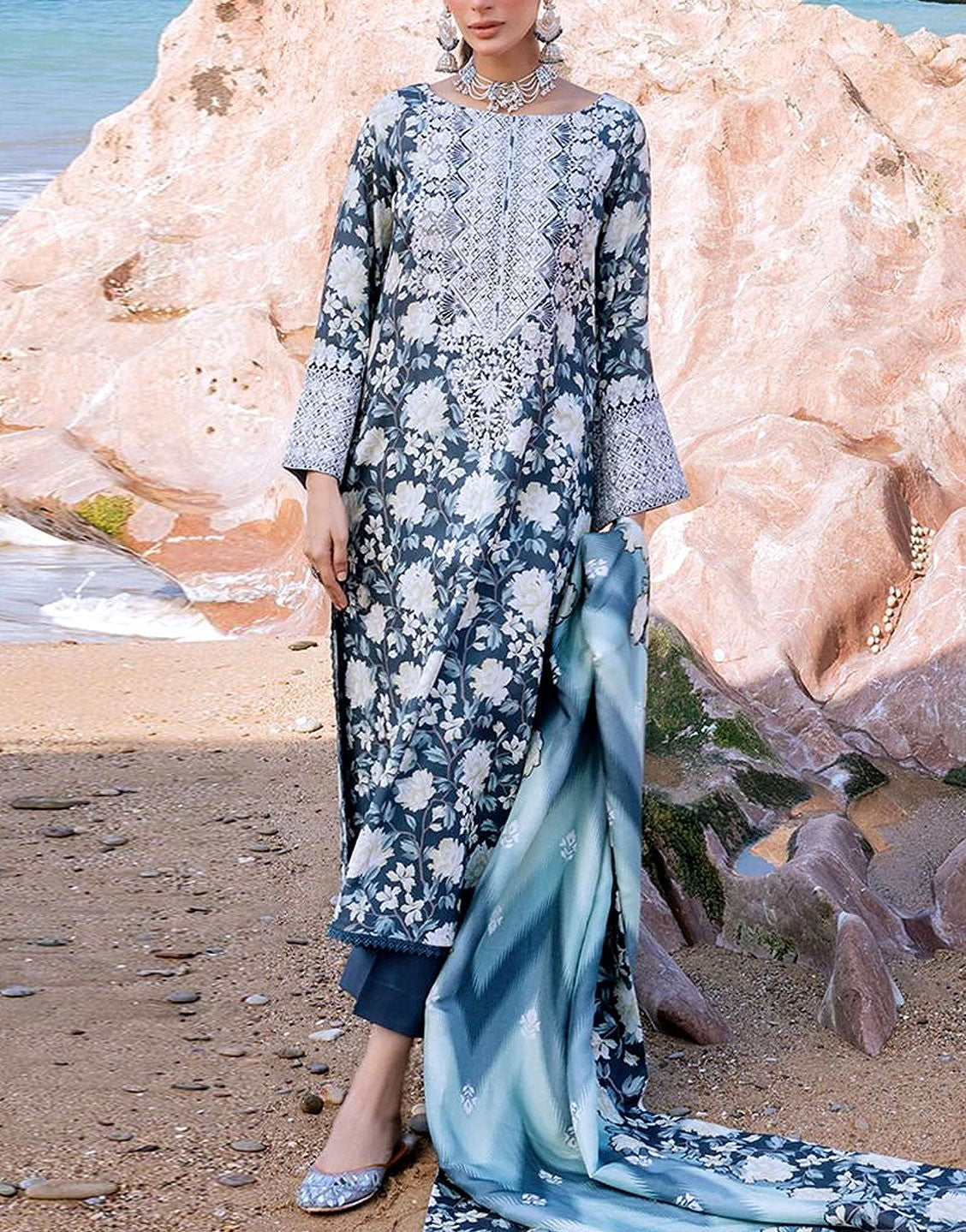 Elegant Embroidered Lawn Dress  with Printed Lawn Dupatta