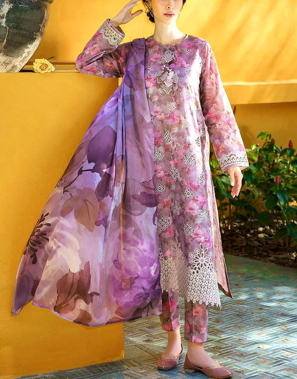 All-Over Print Schiffli Embroidered Lawn Dress Design  with Chiffon Dupatta