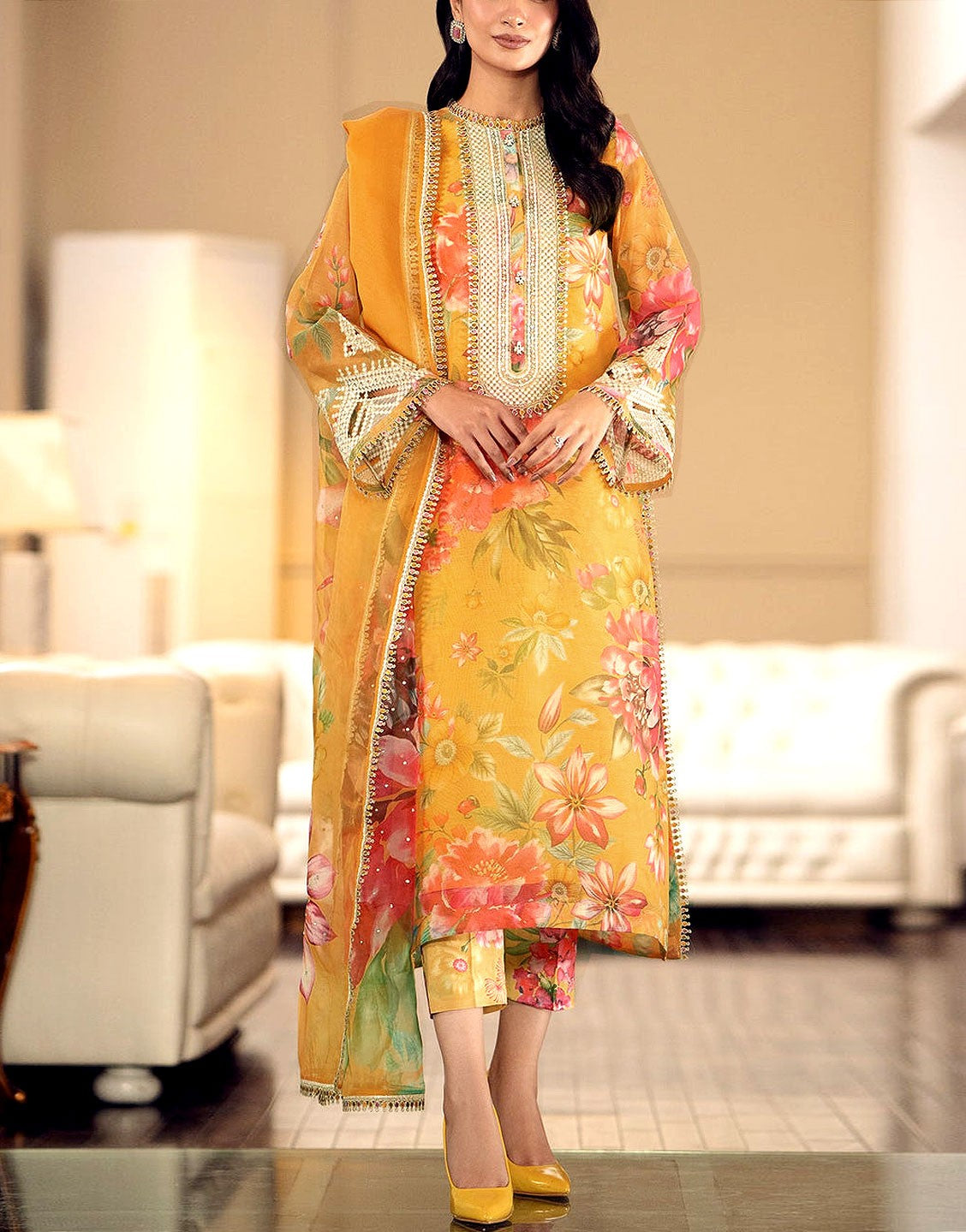 Designer All-Over Print Embroidered Lawn Dress  with Chiffon Dupatta