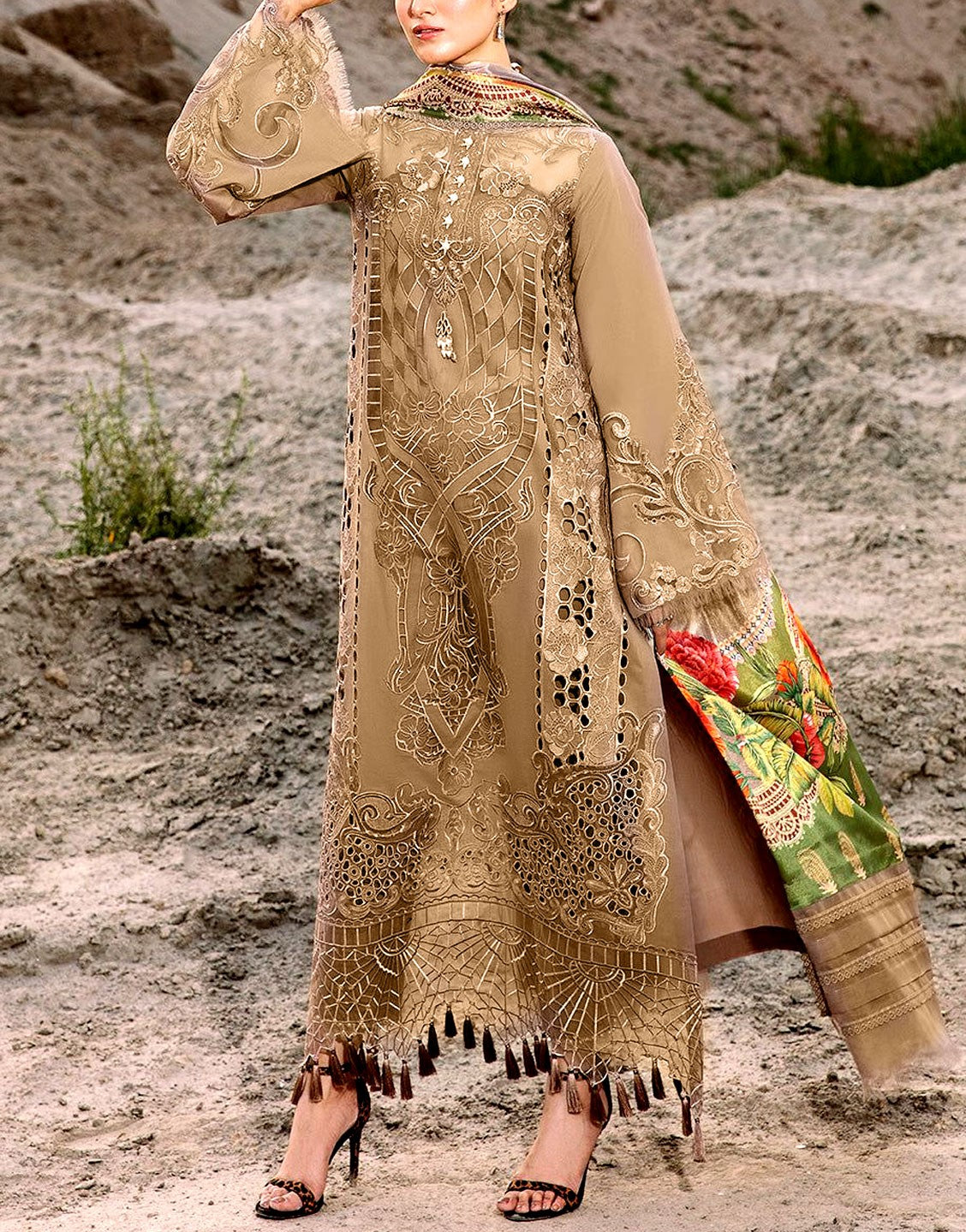 Luxury Schiffli Embroidered Cotton Dress  with Digital Print Silk Dupatta