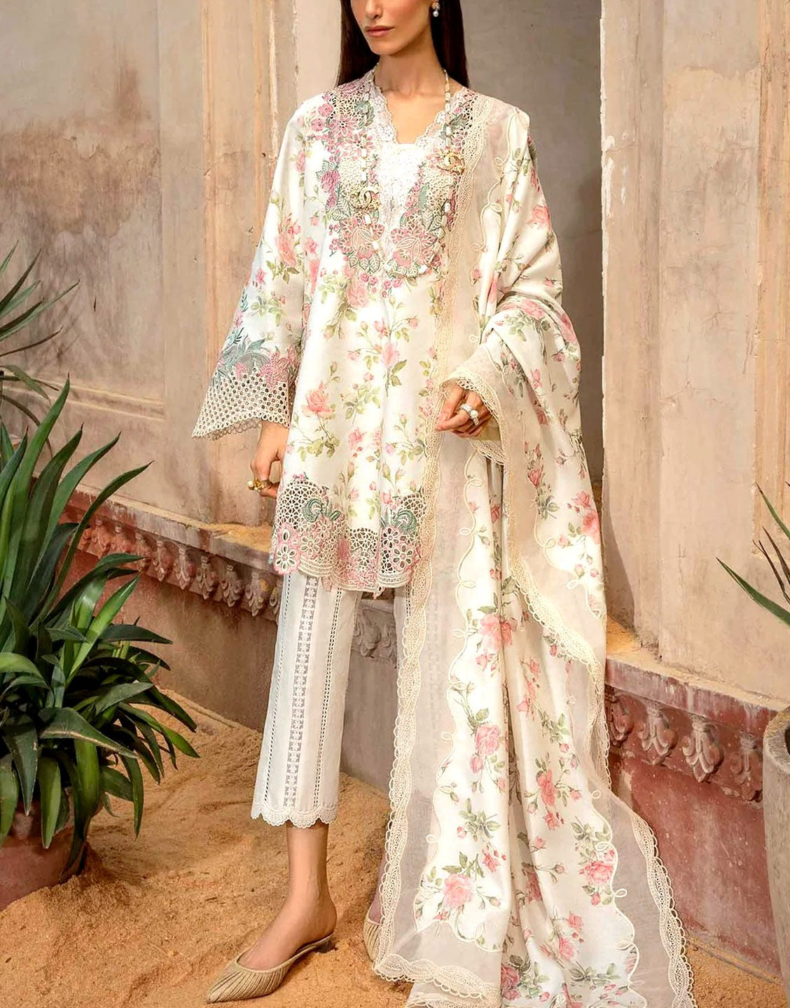 Elegant Embroidered Lawn Dress  with Printed Chiffon Dupatta