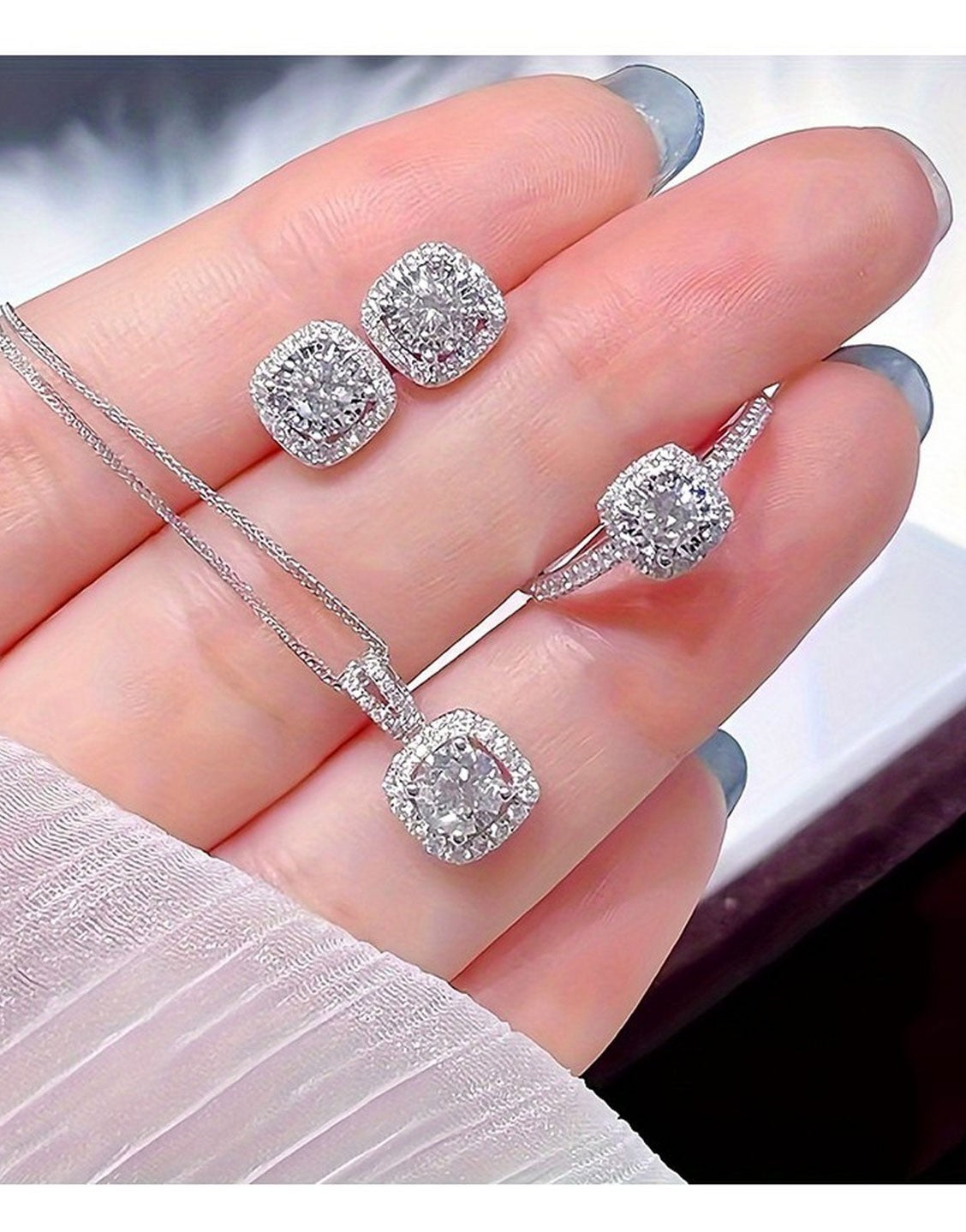 Elegant 3-Piece Silver Pendant Necklace Set with Ring, Earrings - Out of Stock