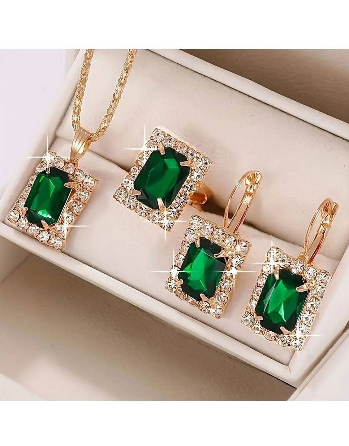 3-Piece Synthetic Green Gemstone Square Necklace with Ring, Earrings