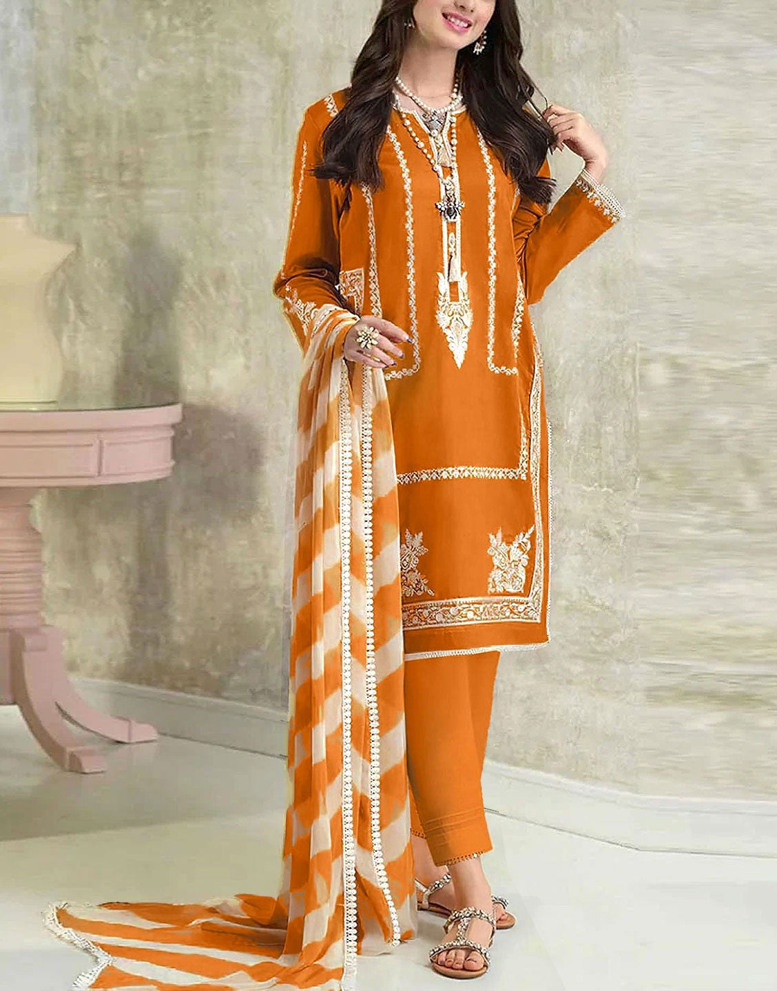 Heavy Embroidered Lawn Suit  with Diamond Zari Dupatta