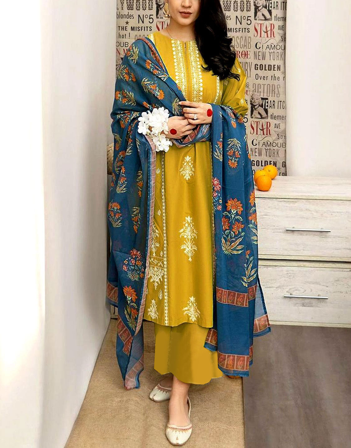 Heavy Embroidered Lawn Suit  with Diamond Zari Dupatta