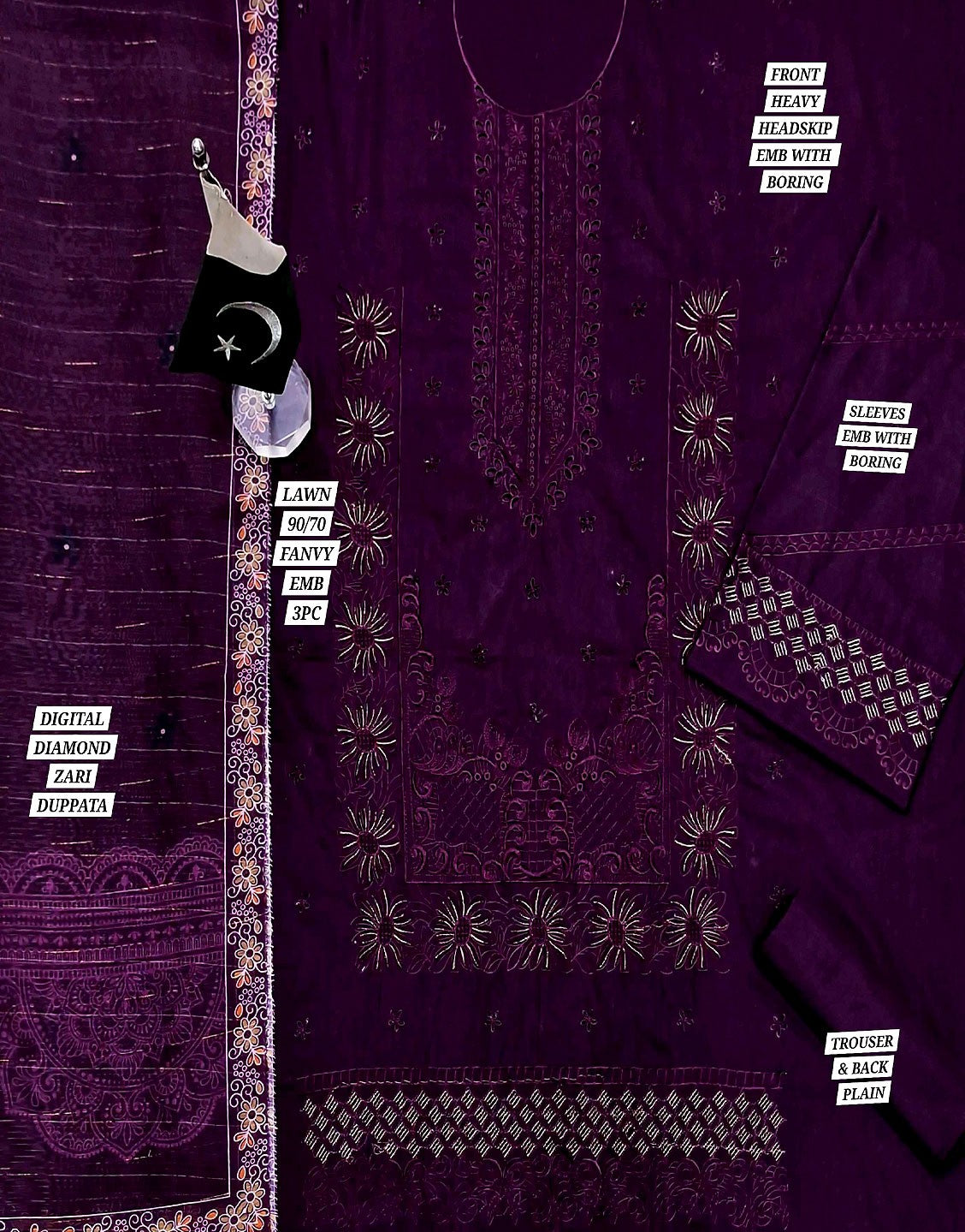 Heavy Schiffli Embroidered Lawn Dress with Diamond Zari Dupatta - Out of Stock