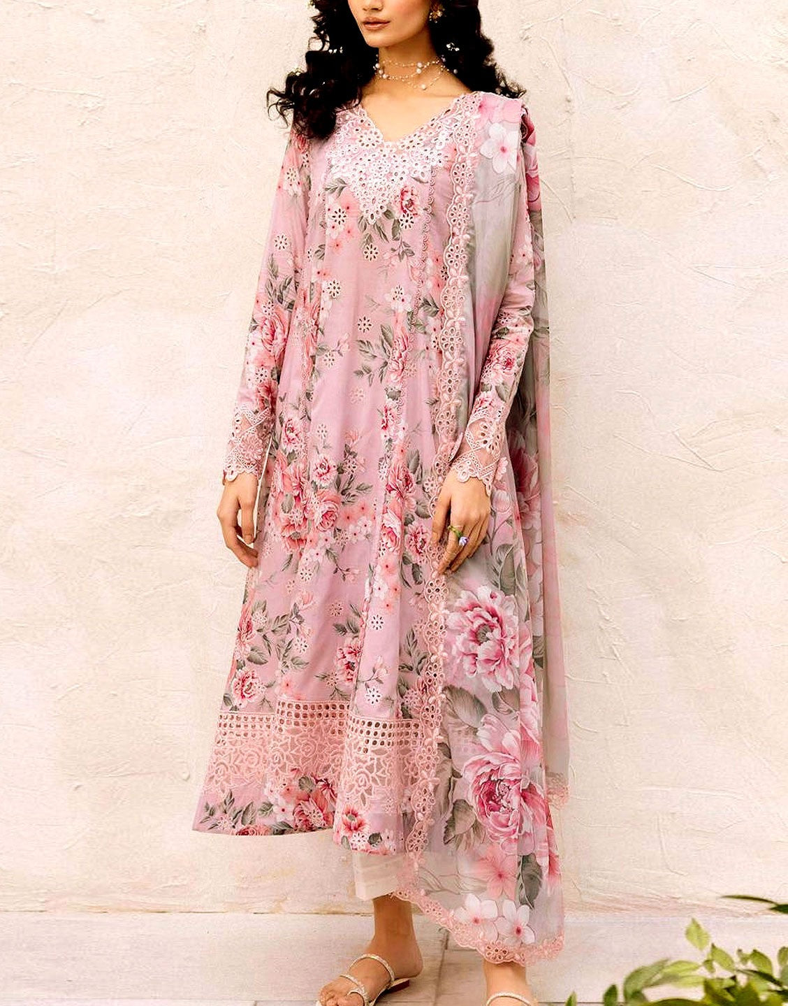 All-Over Print Schiffli Embroidered Lawn Dress  with Chiffon Dupatta