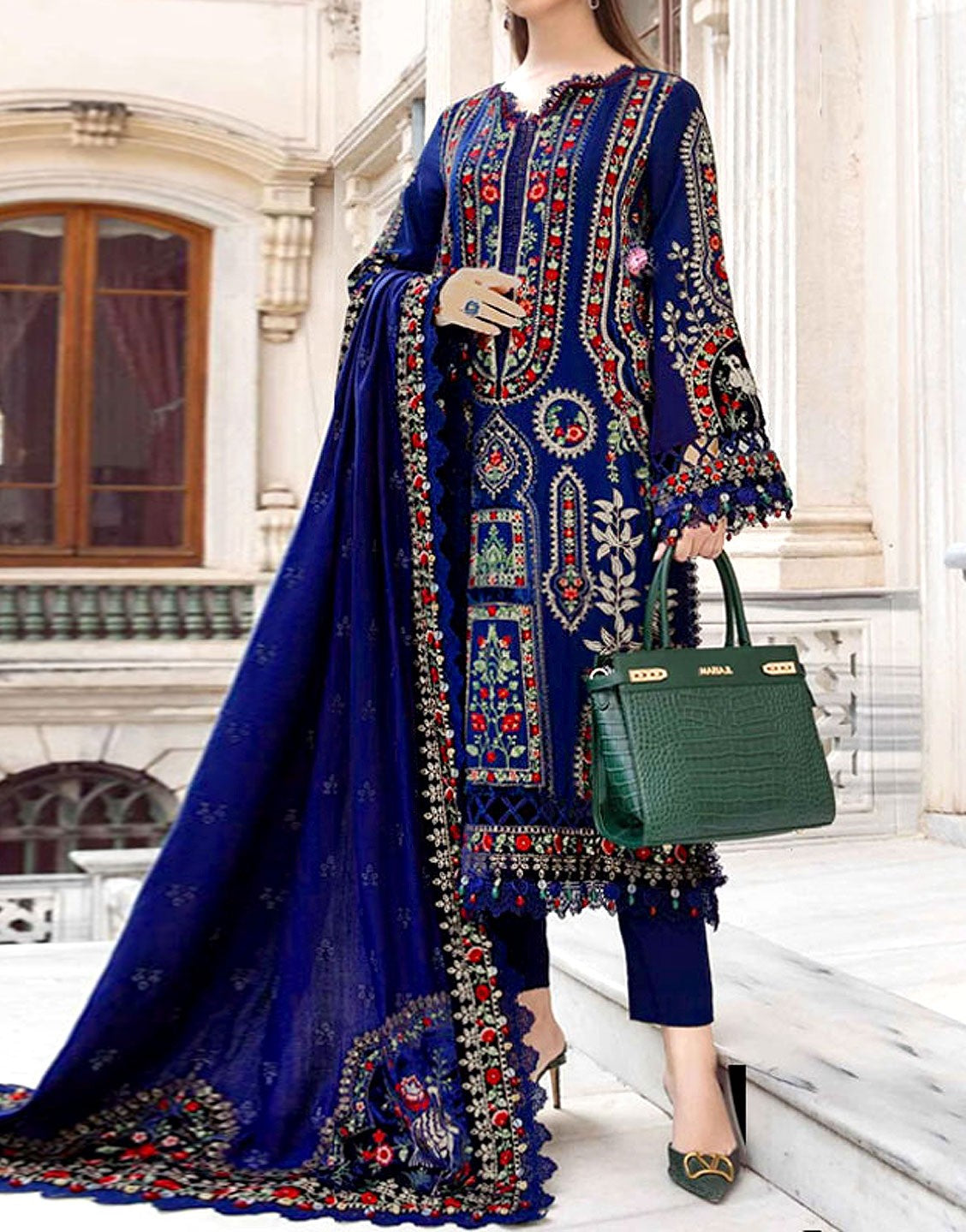 Cultural Inspired Embroidered Cotton Dress  with Chiffon Dupatta